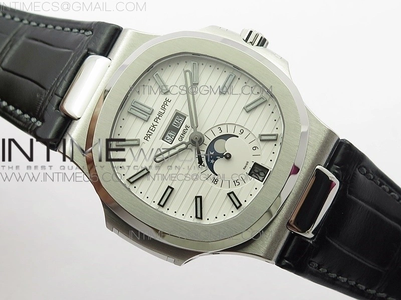 NAUTILUS 5726 SS GRF 1:1 BEST EDITION WHITE DIAL WORKING ANNUAL CALENDARON BLACK LEATHER STARP A.324 V2